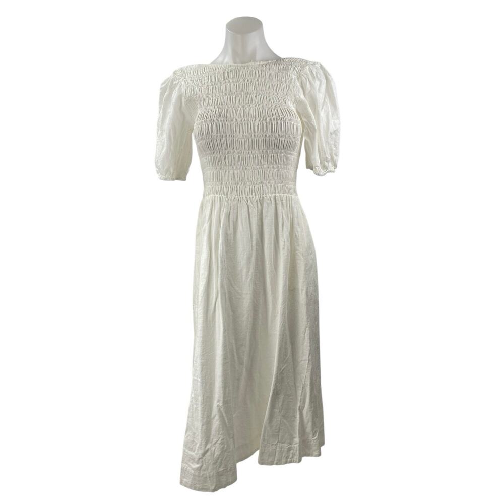 Lucy Paris White Puff Sleeve Smocked Scoop Open Back A Line Midi Dress Size S